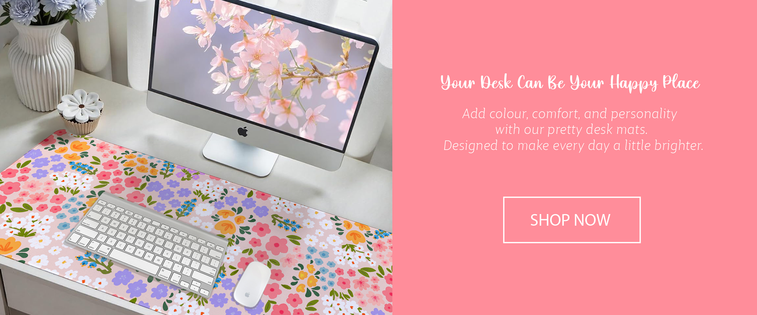 Colourful floral desk mat on workspace with keyboard – designed by Dessi Designs